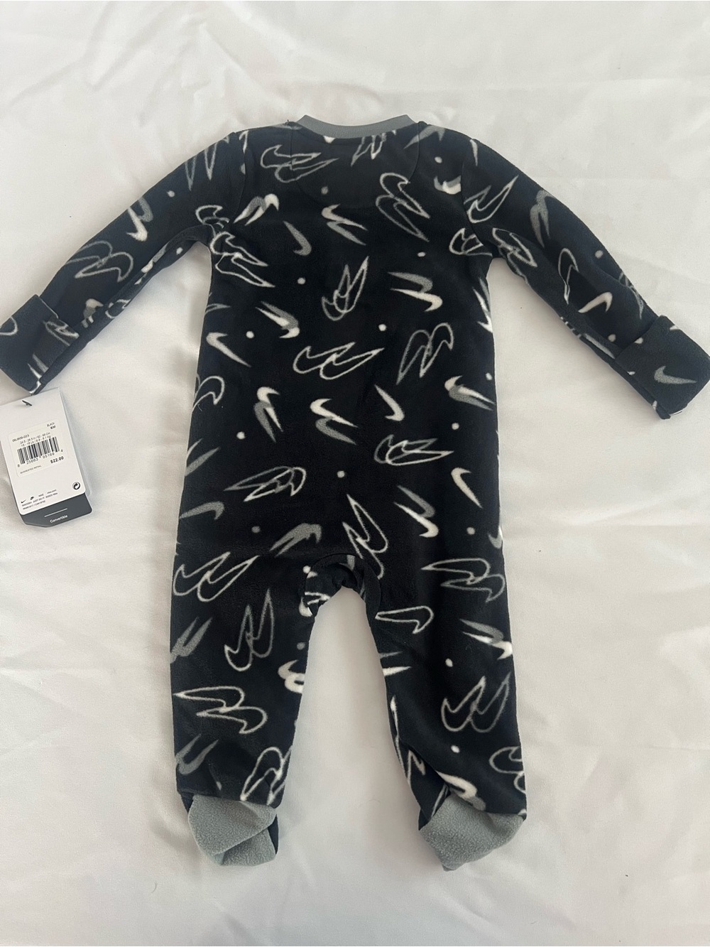 Nike Black Fleece Footed One-Piece with White Swoosh Print - Picture 2 of 6